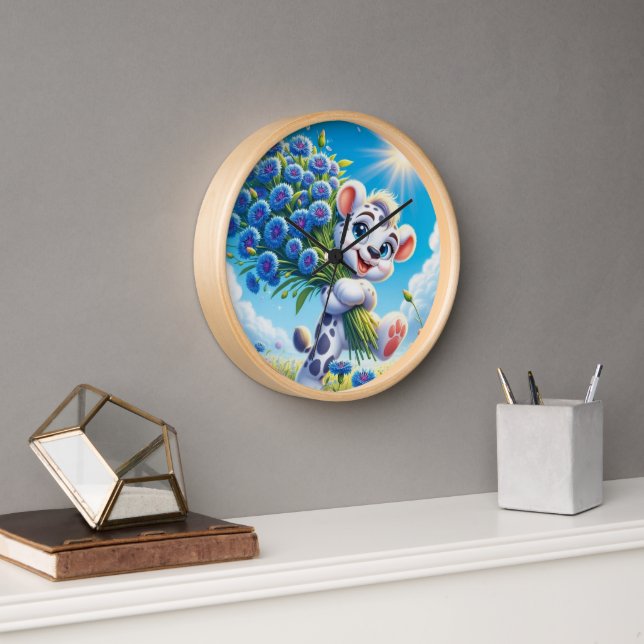 Cheerful Bear with Blue Flowers Clock (Office)