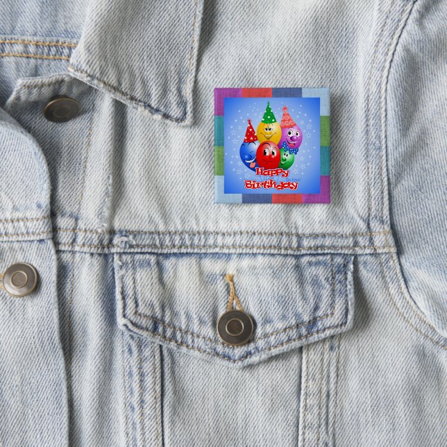 Cheerful Birthday Balloons 2 Inch Square Button (In Situ)