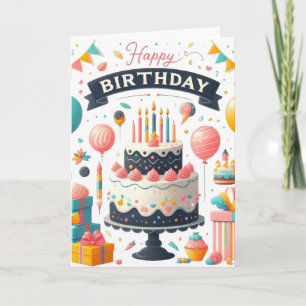 Cheerful Birthday Celebration Cake & Balloons Card