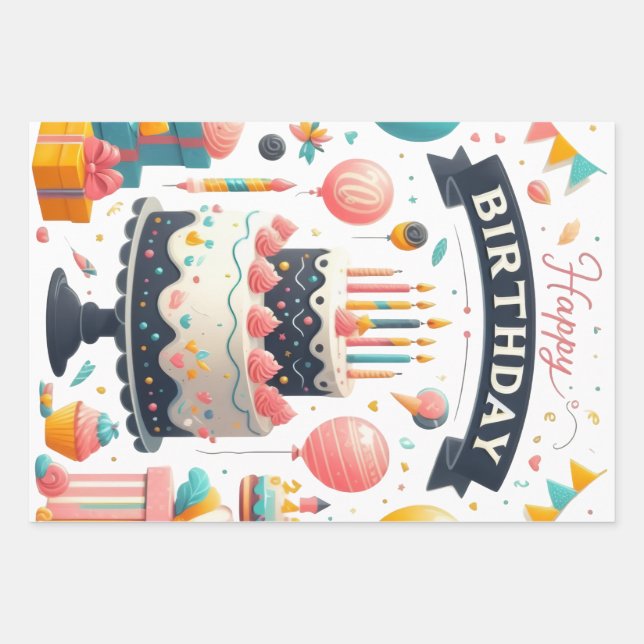 Cheerful Birthday Celebration Cake & Balloons Wrapping Paper Sheet (Front)