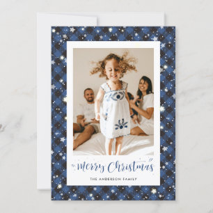 Cheerful Blue Buffalo Plaid Photo Merry Christmas Holiday Card