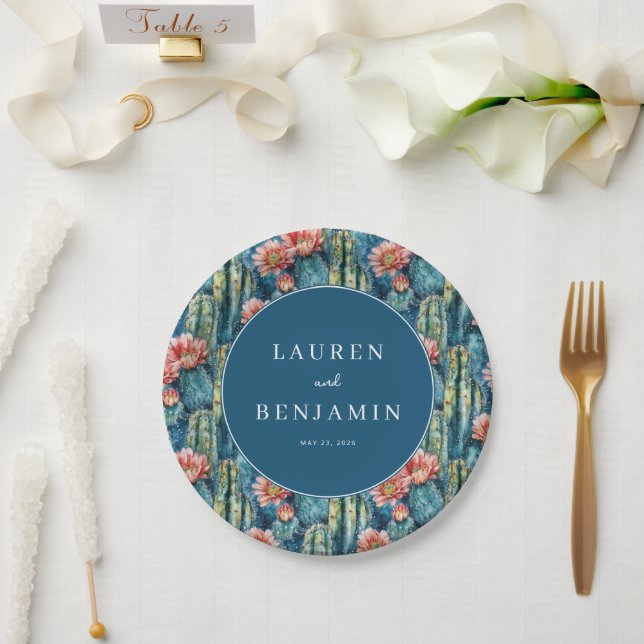 Cheerful Blue Floral Cactus Paper Plate (Wedding)