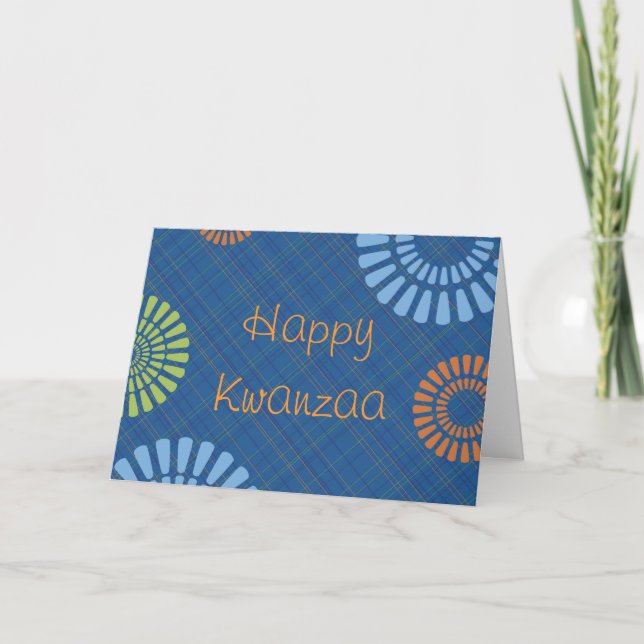 Cheerful Blue Plaid Kwanzaa Greeting Card (Front)