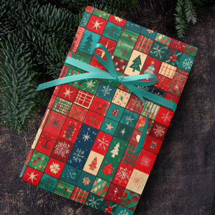 Cheerful Blue Red Patchwork Christmas Gift Wrap