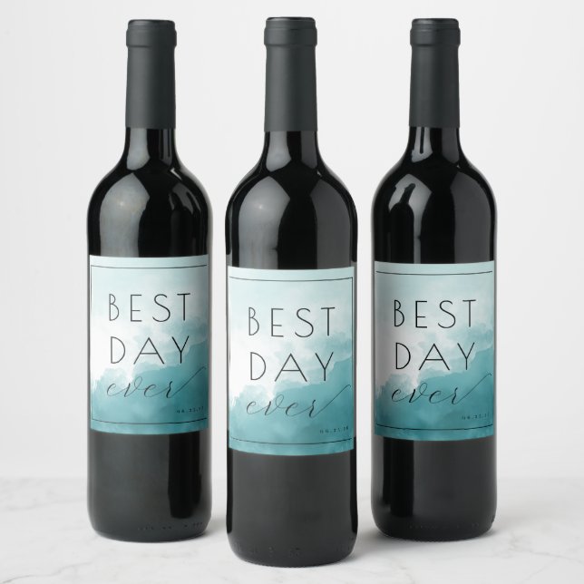 Cheerful Blue Watercolor Waves Wine Label (Bottles)
