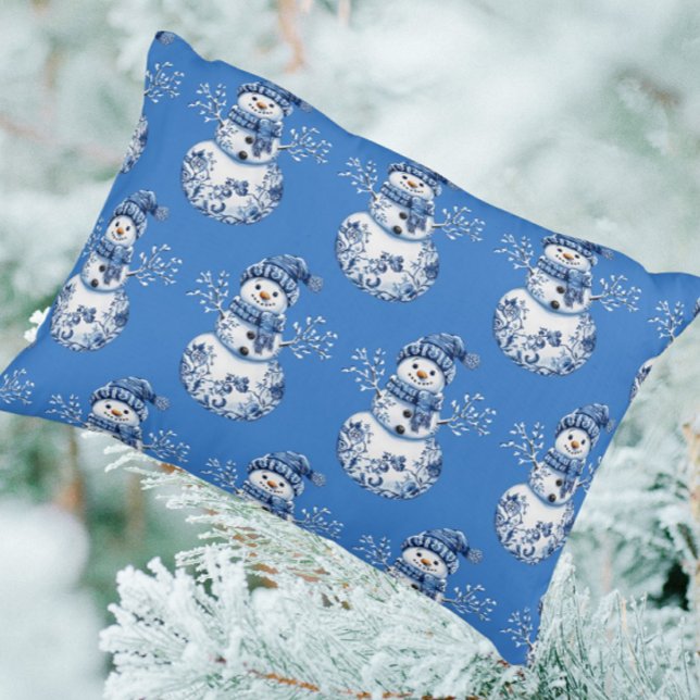 Cheerful Blue White Happy Snowman  Accent Pillow (Happy jolly snowmen!)