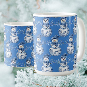 Cheerful Blue White Happy Snowman  Coffee Mug