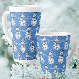 Cheerful Blue White Happy Snowman  Latte Mug