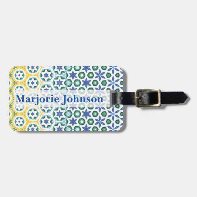 Cheerful Blue Yellow Patterned  Luggage Tag (Front Horizontal)