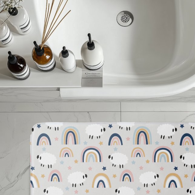 Cheerful Boho Sheep Rainbow Print Bath Mat (Creator Uploaded)