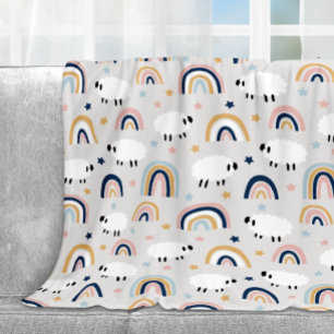 Cheerful Boho Sheep Rainbow Print Fleece Blanket