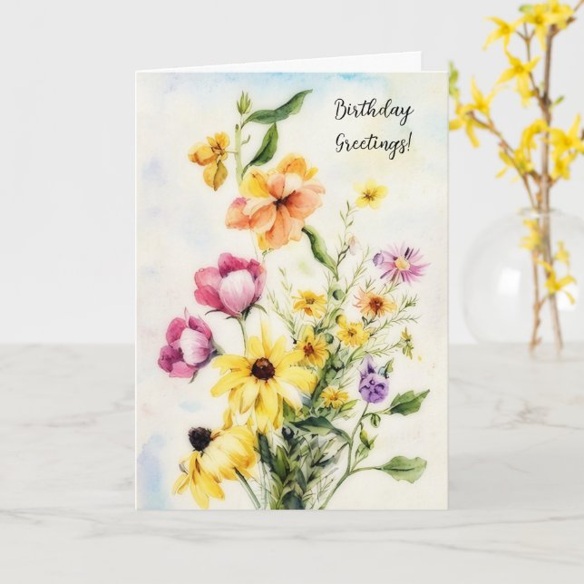Cheerful Bouquet of Wildflowers Flower Birthday Card (Yellow Flower)