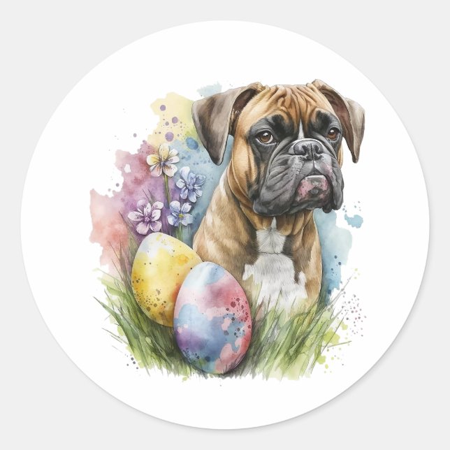 Cheerful Boxer Dog Easter Egg, Happy Easter Boxer Classic Round Sticker (Front)