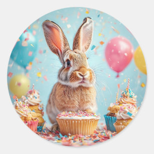Cheerful Bunny Celebrating with Cupcakes Classic Round Sticker