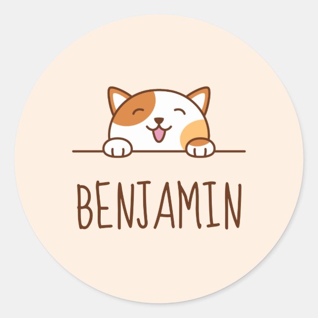 Cheerful Calico Cat Peeking above Custom Name Classic Round Sticker (Front)