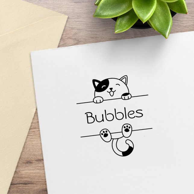 Cheerful Calico Cat Peeking Custom Name Rubber Stamp (Creator Uploaded)