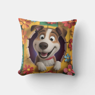 Cheerful Canine Companion Amid Vibrant Floral Throw Pillow