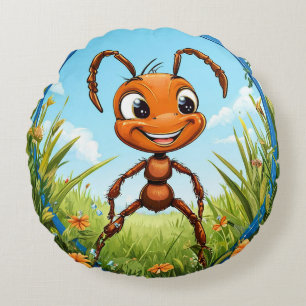 Cheerful Cartoon Ant Round Pillow