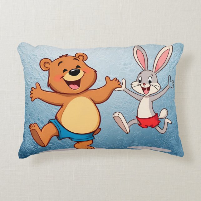 Cheerful Cartoon Bear and Bunny Dancing Joyfully Accent Pillow (Front)