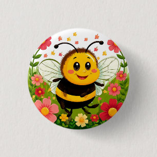 Cheerful Cartoon Bee Surrounded by Bright Flowers 1 Inch Round Button