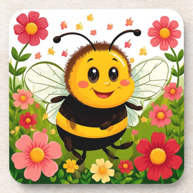 Cheerful Cartoon Bee Surrounded by Bright Flowers Coaster (Front)