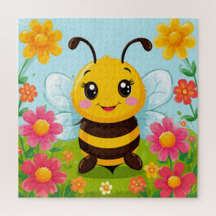 Cheerful Cartoon Bee Surrounded by Bright Flowers Jigsaw Puzzle