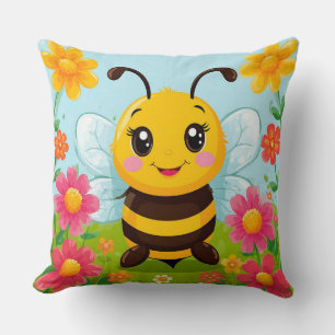 Cheerful Cartoon Bee Surrounded by Bright Flowers Throw Pillow
