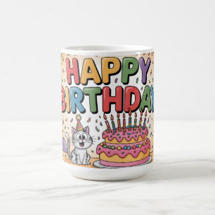 Cheerful Cartoon Cat Happy Birthday Illustration Coffee Mug