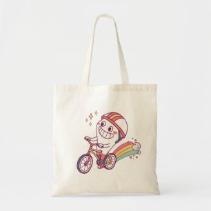 Cheerful Cartoon Character on Bicycle with Rainbow Tote Bag