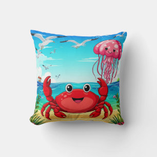 Cheerful Cartoon Crab on a Vibrant Beach Throw Pillow