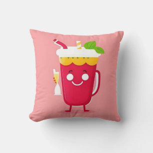 Cheerful Cartoon Cup with Smile Holding Drink Throw Pillow
