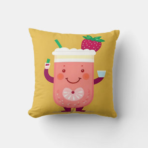 Cheerful Cartoon Cup with Smile Holding Drink Throw Pillow