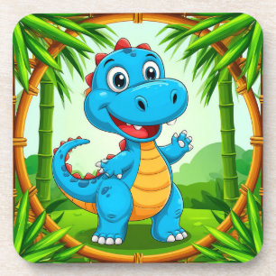 Cheerful Cartoon Dinosaur in Bamboo Frame Coaster