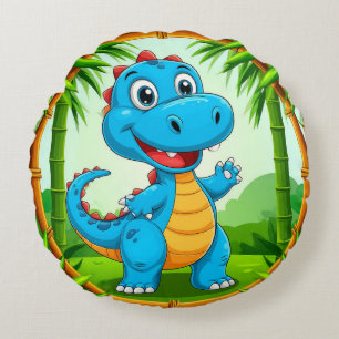 Cheerful Cartoon Dinosaur in Bamboo Frame Round Pillow