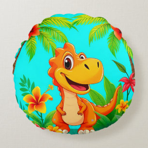 Cheerful Cartoon Dinosaur in Tropical Jungle Round Pillow
