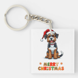 Cheerful Cartoon Dog Wearing a Santa Hat Keychain