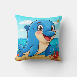 Cheerful Cartoon Dolphin in an Underwater Throw Pillow