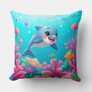Cheerful Cartoon Dolphin Swimming Throw Pillow