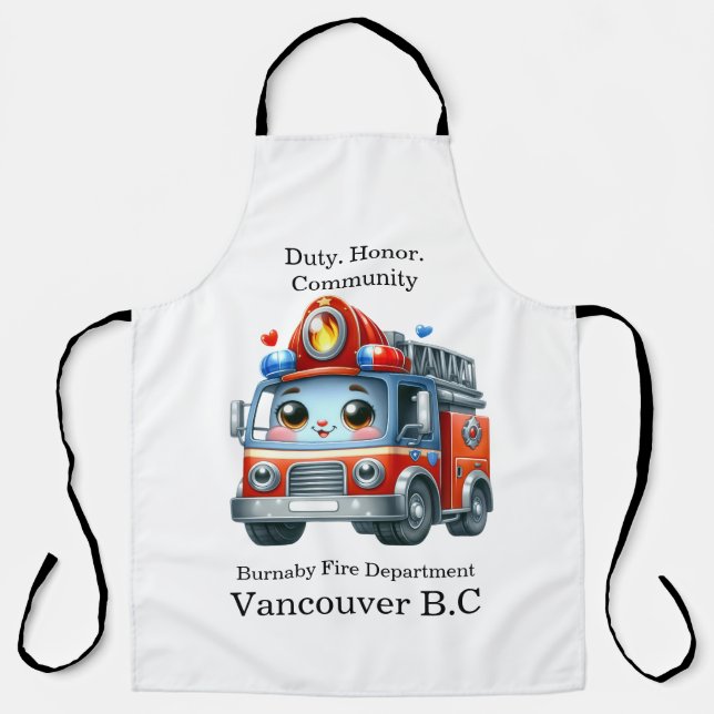 Cheerful cartoon firefighter truck on a bright day apron (Front)