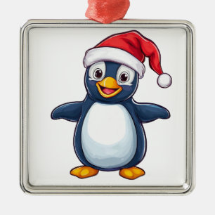 Cheerful Cartoon Penguin in Santa Hat Metal Ornament