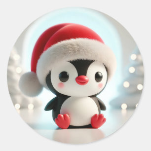 Cheerful Cartoon Penguin Wearing Santa Hat Classic Round Sticker
