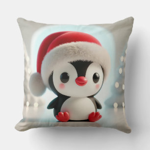 Cheerful Cartoon Penguin Wearing Santa Hat Throw Pillow