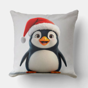 Cheerful Cartoon Penguin Wearing Santa Hat Throw Pillow