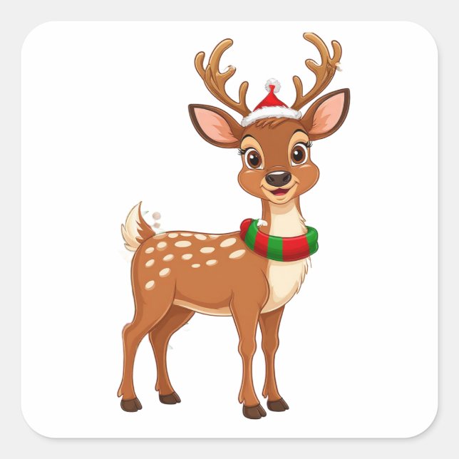Cheerful Cartoon Reindeer Square Sticker (Front)