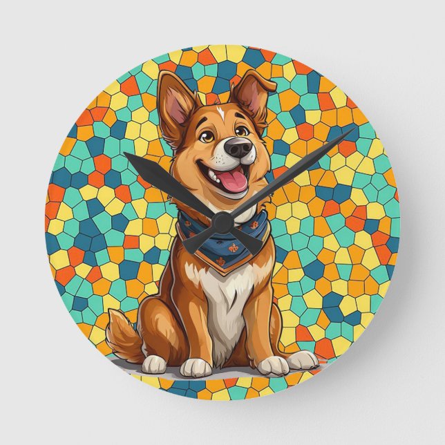 Cheerful cartoon-style dog round clock (Front)