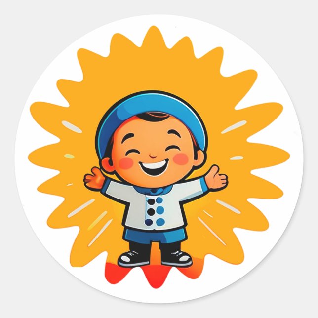 Cheerful Cartoon Sun Character Classic Round Sticker (Front)