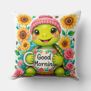 Cheerful Cartoon Turtle Greeting Good Morning Throw Pillow
