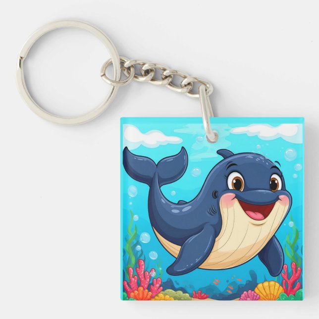 Cheerful Cartoon Whale Swimming Keychain (Front)