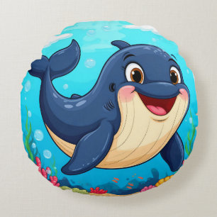 Cheerful Cartoon Whale Swimming Round Pillow