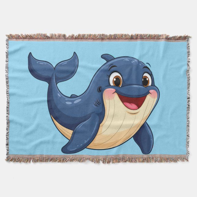 Cheerful Cartoon Whale Swimming Throw Blanket (Front)